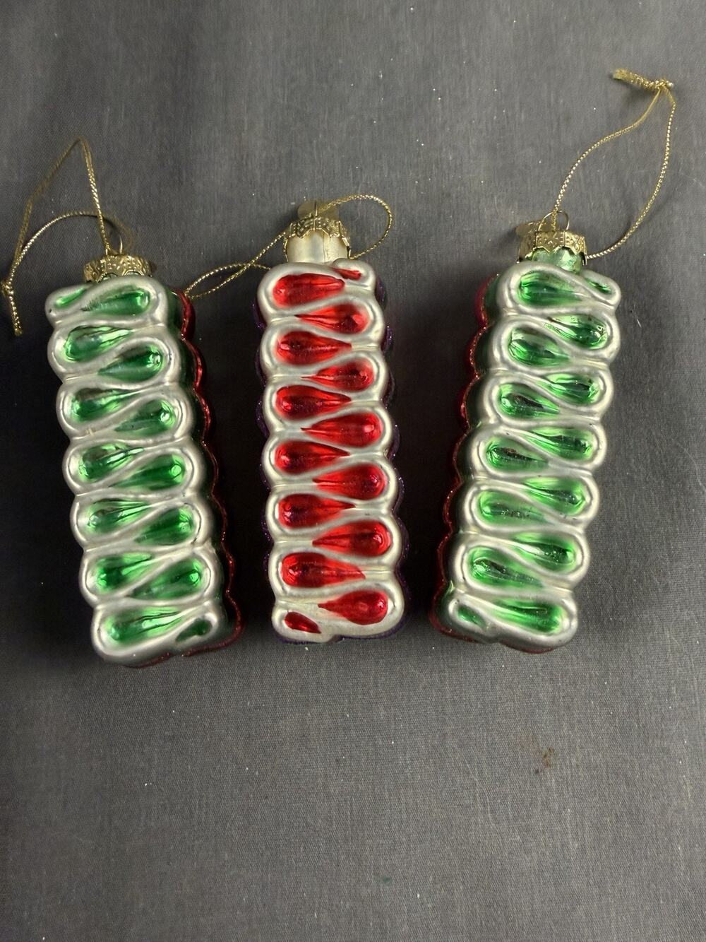 Set Of 3Seasons Cannon Falls Green & Red Ribbon Candy Glass Christmas Ornaments
